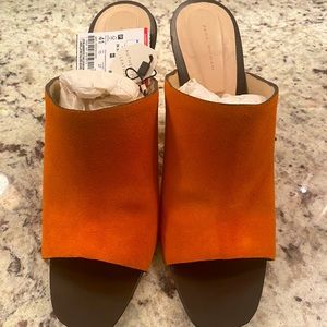 SOLD. - Zara orange suede mule with gold heel.